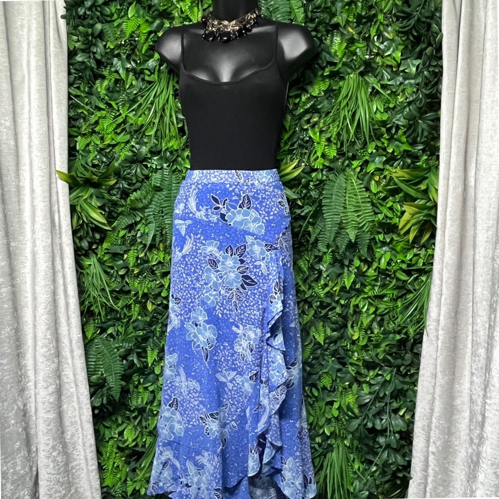Lulus Skirt XS Blue Floral Maxi Ruffle High Low Wrap‎ Style Periwinkle 4048